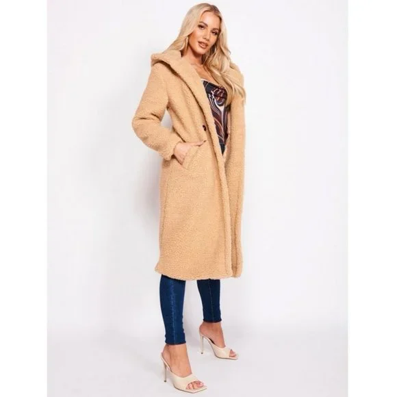 Camel Long Sleeve Hoodie Hooded Long Maxi Borg Teddy Bear Fur Coat - Picture 14 of 16